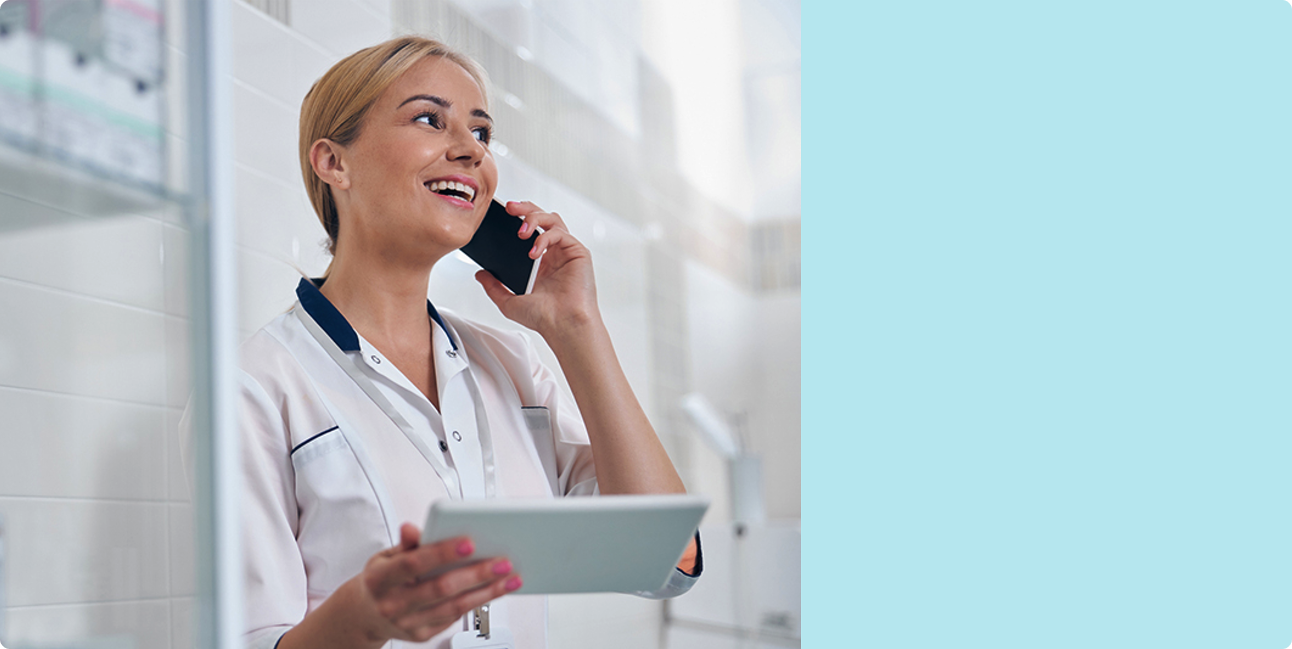 8 West Consulting website image of a dentist talking on the phone.