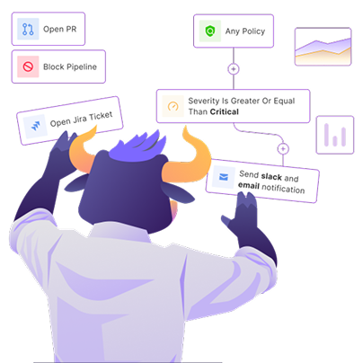 Ox Security bull mascotte working on automated flow infographic representing the capabilities of this partner.